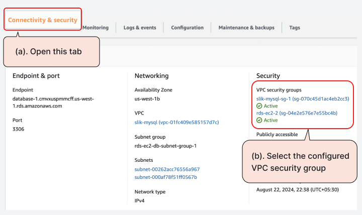 Connectivity & Security tab for the AWS RDS instance